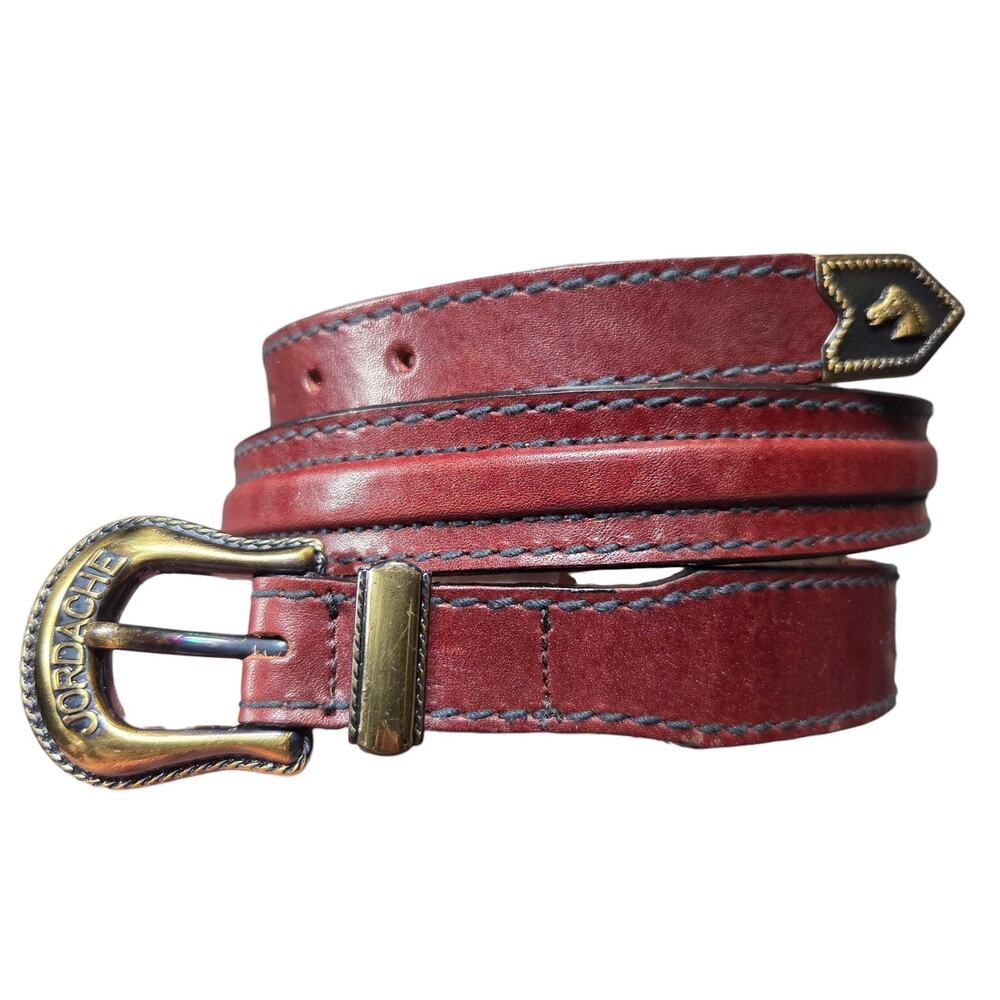 Vtg Jordache Skinny Burgandy Genuine Leather Belt Made in USA Women's Size 31"